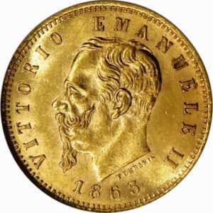 Pièce 5 Lires Or Victor Emmanuel II 1863 et 1865 Recto