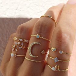 10pcs_set Gold Ring Set, Vintage Moon and Star Ring Set, Stacking Ring Set, Boho Style Ring Set, Midi Rings, Trendy Statement Ring,Nice Gift