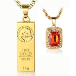 HALUKAKAH in Gold WE Trust Le Collier de l'homme en 18K Or Véritable et Doré avec Lingot d'or Rubis Rouge Pendentif avec La Chaîne à Cordes DE 24_ La Chaîne à Boîte DE 30_ Gratuit