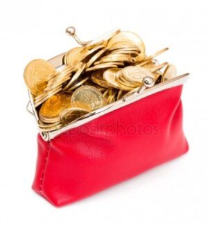 Red purse full of gold coins on a white