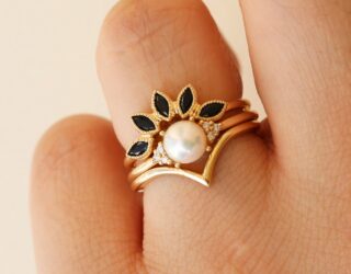 Rosados Box Stacked Look - Black Onyx Petunia Ring, Pearl Mio Ring, And Chevron Willow Ring